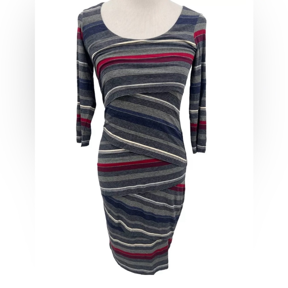 Bailey 44 Gray Blue Red Bandage Striational Column Striped Dress Below Knee Long